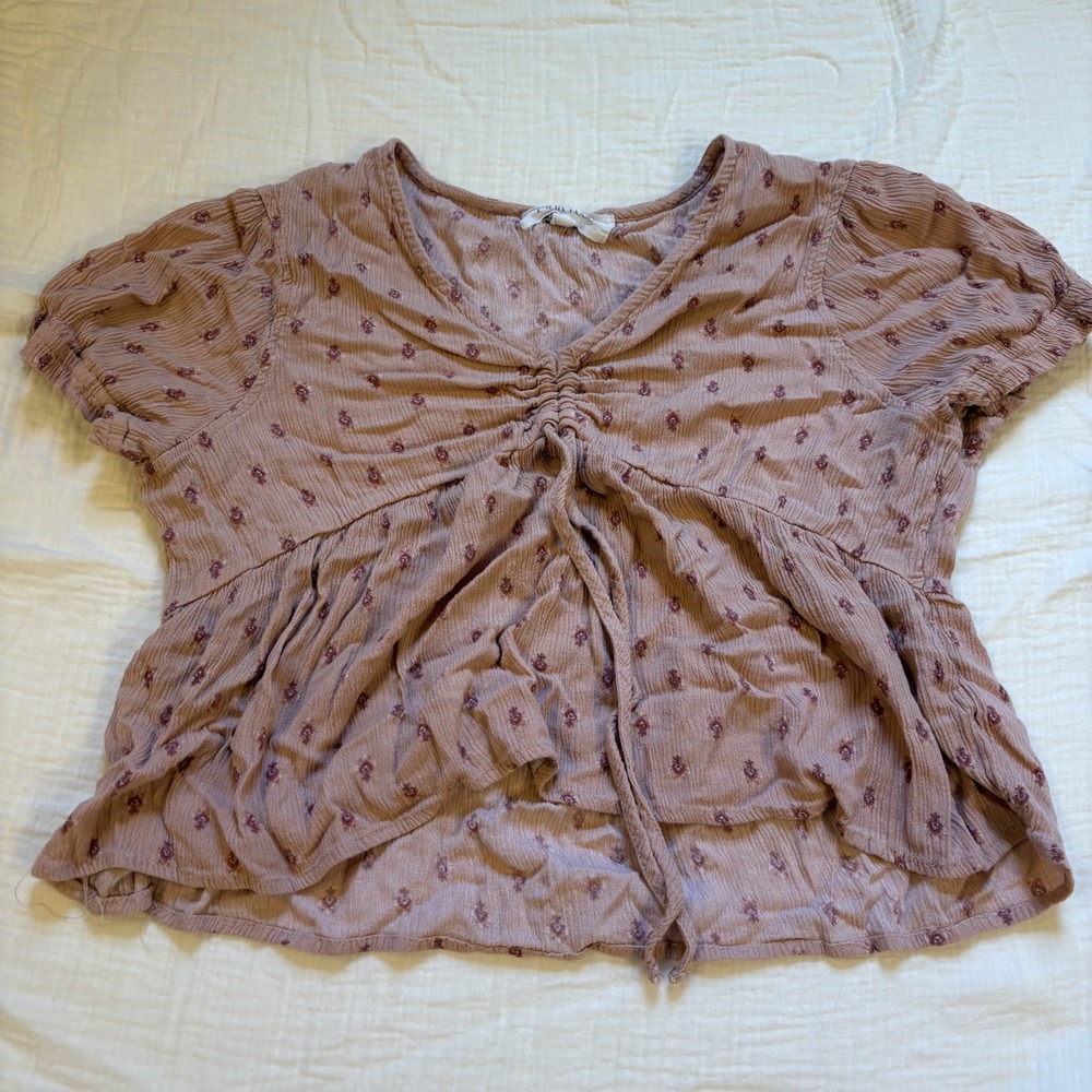 Pink Rose Blouse Tie Front Cinched Peplum Rayon Pink Geometric Boho S